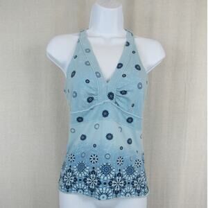SO Medium Blue Halter Top Floral Ombre Tie Dye Y2K Preppy Kaleidoscope Pattern